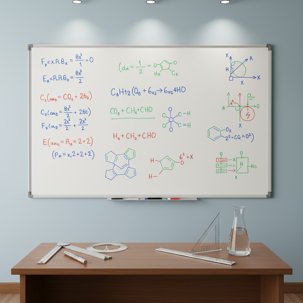 Tabelle noire avec formules de chimie sur tableau blanc.