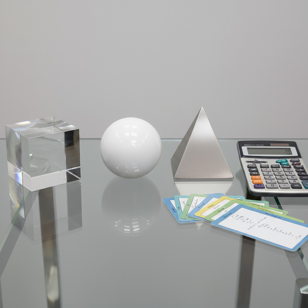 Objet d'étude de mathématiques: cubes, sphères et pyramides, ainsi que calculateur et cartes de mathématiques.