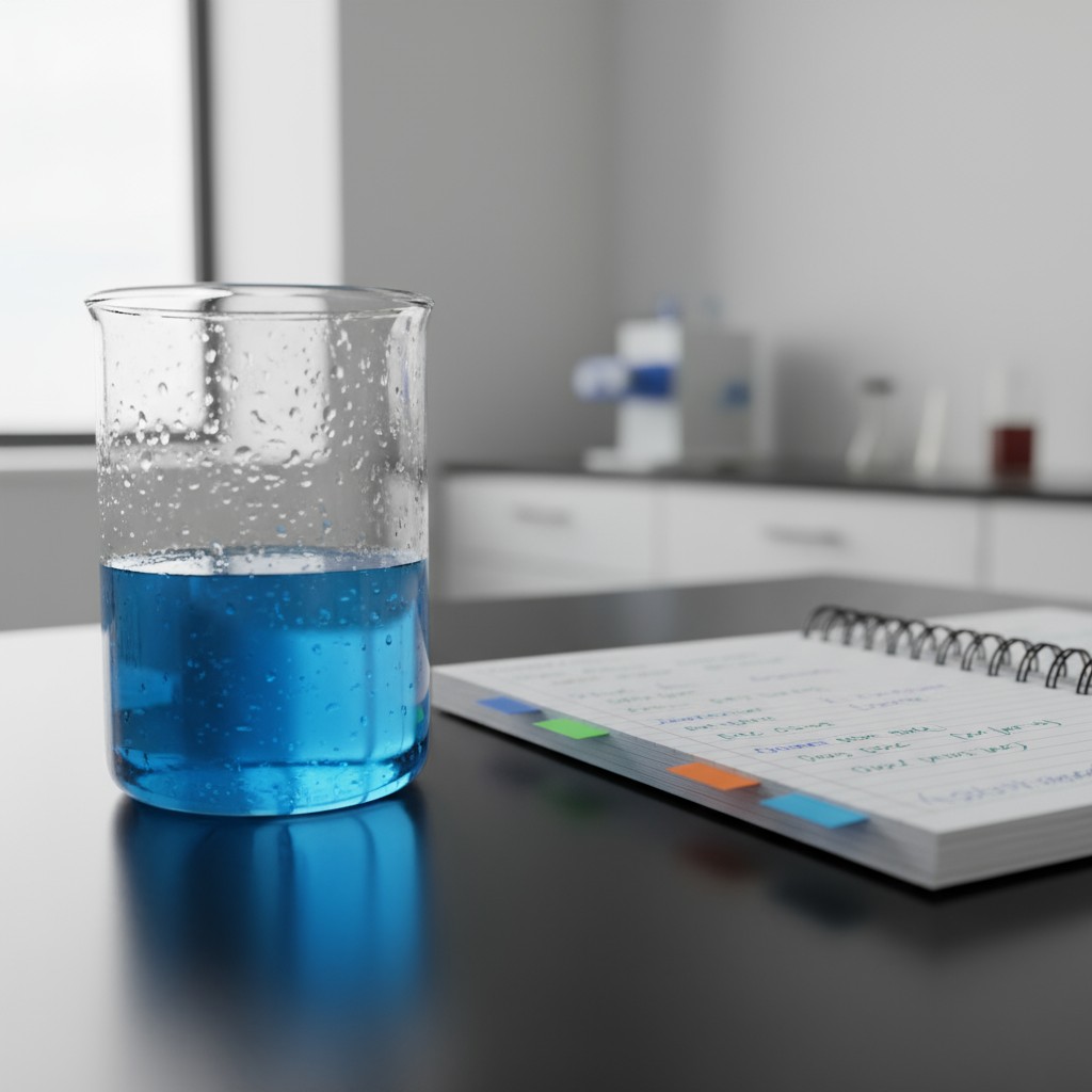 The blue liquid in a beaker on a laboratory table with a notebook.