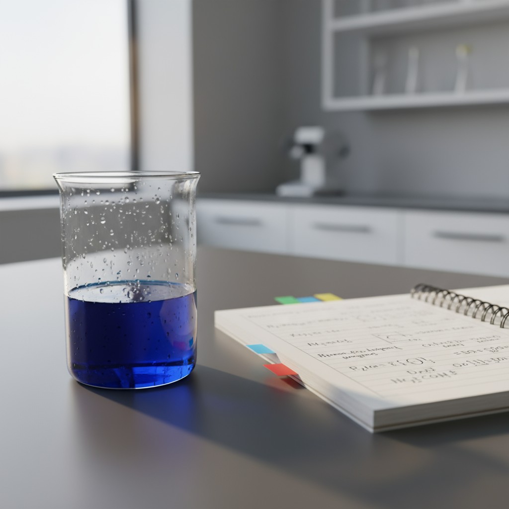 A beaker of water, a notebook with scientific writing, and a laboratory setting.